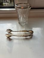 Oude kristallen lepel vaasje zilveren suikertang, Ophalen of Verzenden, Zilver