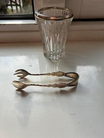 Oude kristallen lepel vaasje zilveren suikertang beschikbaar voor biedingen