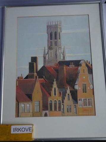 AQUAREL STADSGEZICHT MET TOREN * BRUGGE Gesigneerd * beschikbaar voor biedingen