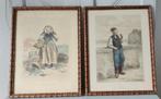 2 OUD FRANSE PRENTEN (VISSERSVROUW/MAN)IN RAAM,34X26 CM., Ophalen of Verzenden