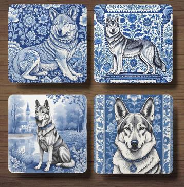 Tjechoslowaakse Wolfshond Delfts Blauw onderzetters + houder beschikbaar voor biedingen