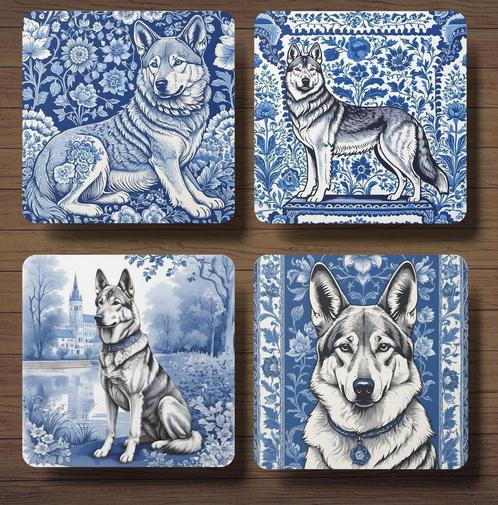 Tjechoslowaakse Wolfshond Delfts Blauw onderzetters + houder, Huis en Inrichting, Woonaccessoires | Onderzetters, Nieuw, Glas of Kopje