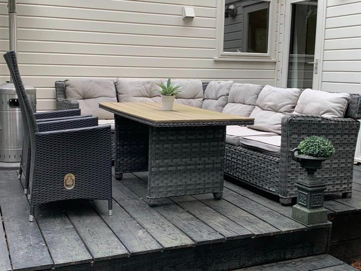 Loungeset met stoelen en eettafel, Tuin en Terras, Tuinsets en Loungesets, Gebruikt, Loungeset, Kunststof, 6 zitplaatsen, Bank