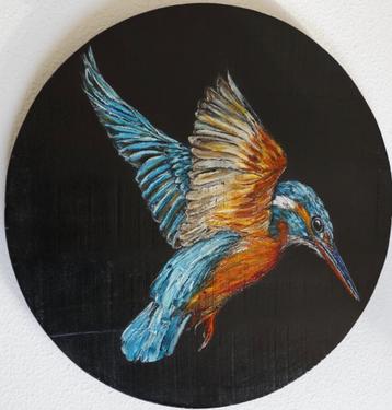 Schilderij ijsvogel op houten cirkel beschikbaar voor biedingen