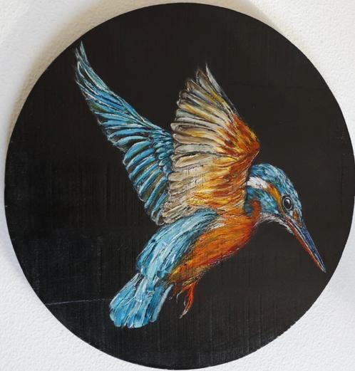 Schilderij ijsvogel op houten cirkel, Antiek en Kunst, Kunst | Schilderijen | Modern, Verzenden
