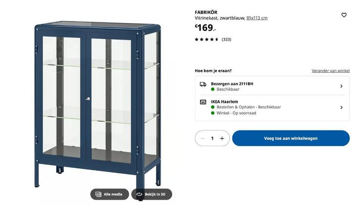 IKEA FABRIKÖR vitrinekast – zwartblauw, Huis en Inrichting, Kasten | Vitrinekasten, Zo goed als nieuw, 100 tot 150 cm, 50 tot 100 cm