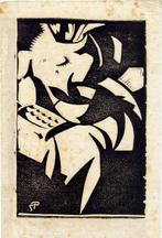 Reyer Stolk houtsnede "Fantasiedier in Fauteuil", Antiek en Kunst, Kunst | Etsen en Gravures, Ophalen