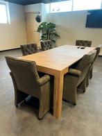 Bruine dinerstoelen op wieltjes – set van 8, Huis en Inrichting, Stoelen, Ophalen, Gebruikt, Bruin, Stof