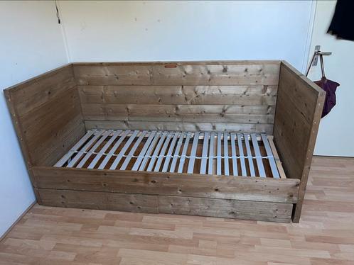 Steigerhouten bedbank Van Londen, Huis en Inrichting, Slaapkamer | Bedden, Gebruikt, Eenpersoons, 90 cm, 200 cm, Steigerhout, Verstelbaar