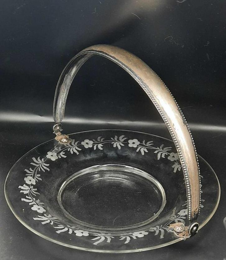 Bonbon mand - Verzilverd, Kristal - Antieke Gebakschaal, Huis en Inrichting, Keuken | Servies, Zo goed als nieuw, Schaal of Schalen