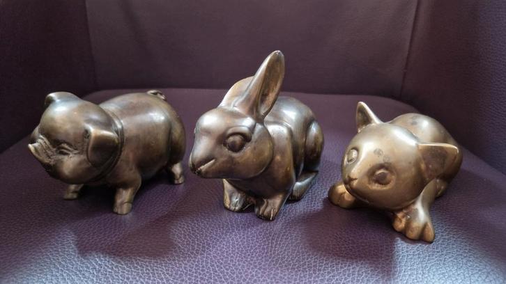 Zware messing dieren – set van 3 eyecatchers, Antiek en Kunst, Kunst | Beelden en Houtsnijwerken, Ophalen of Verzenden
