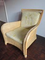 Vintage rotan wicker loungestoel fauteuil gele monstera stof, Huis en Inrichting, Ophalen, Gebruikt, 75 tot 100 cm, Stof