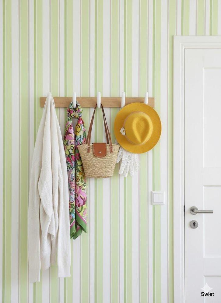 14290 groen wit vintage behang met strepen swiet, Huis en Inrichting, Stoffering | Behang, Wit, Groen, Ophalen of Verzenden