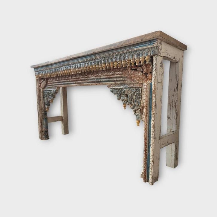 Ibiza boho India oud  side table massief houtsnijwerk, Huis en Inrichting, Tafels | Sidetables, 25 tot 50 cm, Rechthoekig, Ophalen of Verzenden