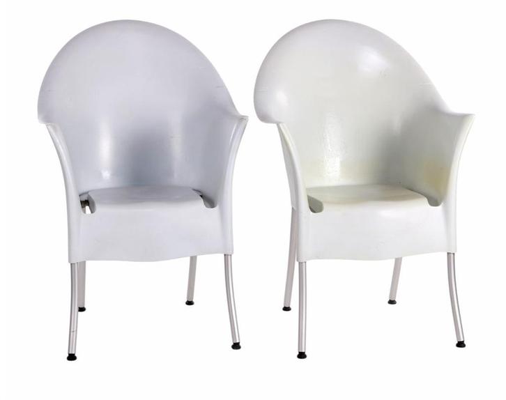 Setje Philippe Starck kuip armstoel op aluminium poten, Huis en Inrichting, Stoelen, Gebruikt, Twee, Kunststof, Metaal, Wit, Ophalen of Verzenden