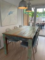 Eettafel groen blauw 180 x 90 x 76. Incl 6 stoelen, Huis en Inrichting, Tafels | Eettafels, Ophalen, Gebruikt, 50 tot 100 cm, Vijf personen of meer