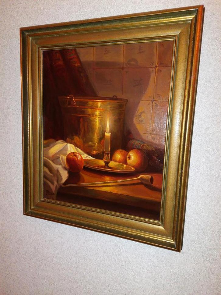 Stilleven met emmer, kaars en appels, Antiek en Kunst, Kunst | Schilderijen | Klassiek, Ophalen of Verzenden