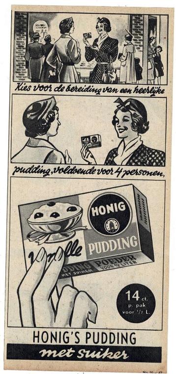 3 Advertenties HONIG'S PUDDING-MAIZENA-KIPPENSOEP 1950 beschikbaar voor biedingen