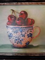 Delftsblauw kopje met kersen, schilderij olieverf, Antiek en Kunst, Ophalen of Verzenden