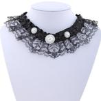 Zwarte voile choker ketting met parelmoer bloemetje, Sieraden, Tassen en Uiterlijk, Kettingen, Overige materialen, Verstelbaar