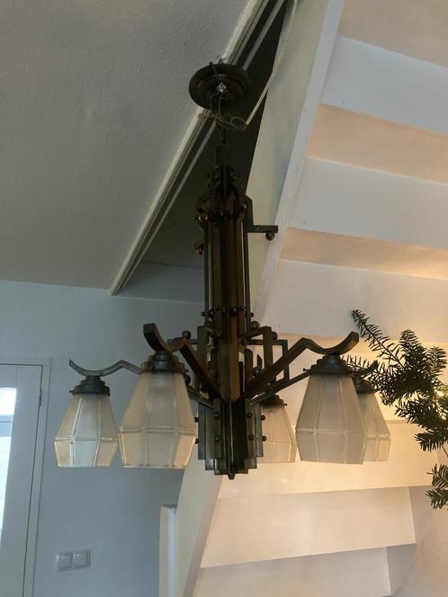 Art Deco hanglamp kroonluchter, Huis en Inrichting, Lampen | Kroonluchters, Gebruikt, Glas, Metaal, Ophalen