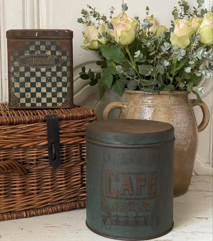 Brocante oud groen blik Cafe / Koffie, Antiek en Kunst, Curiosa en Brocante, Ophalen of Verzenden