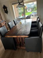 Eikenhouten Eettafel + 6 Leren Stoelen - Vakwerkhuis Hout, Ophalen, Gebruikt, Bruin, Vijf, Zes of meer stoelen