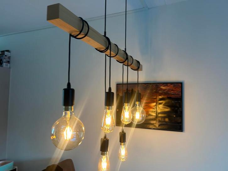 Industriele hanglamp 5 bollen, Huis en Inrichting, Lampen | Hanglampen, Zo goed als nieuw, 75 cm of meer, Ophalen