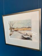 Winterlandschap GIETHOORN Aquarel, bootjes, boom, riet e.d., Schilderij, Zo goed als nieuw, 50 tot 75 cm, 50 tot 75 cm