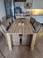 Te koop teakhouten eethoek met stoelen op wieltjes, Huis en Inrichting, Stoelen, Ophalen, Gebruikt, Overige kleuren, Vier