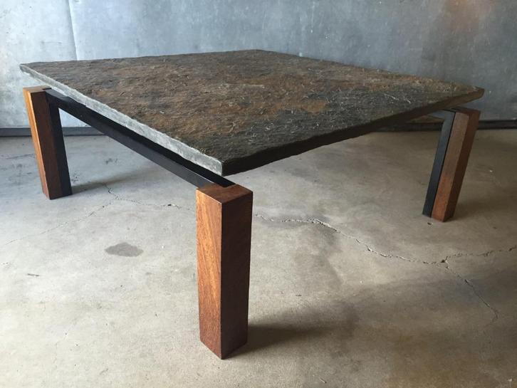 TOTALE LEEGVERKOOP Jaren 60 salontafel wengé en natuursteen, Huis en Inrichting, Tafels | Salontafels, Gebruikt, Minder dan 50 cm