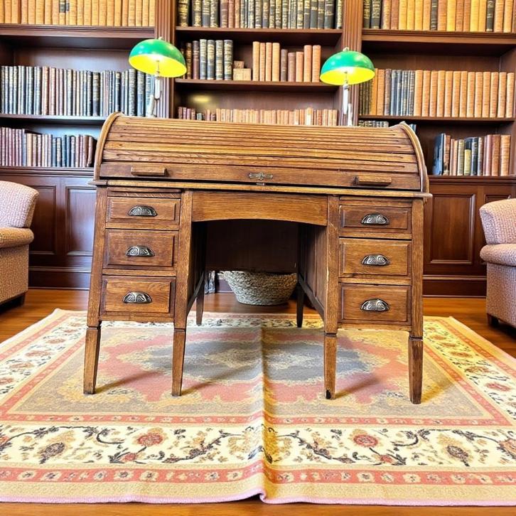 Vintage houten Amerikaanse bureau / bureau met roldeur, Antiek en Kunst, Antiek | Meubels | Tafels, Ophalen