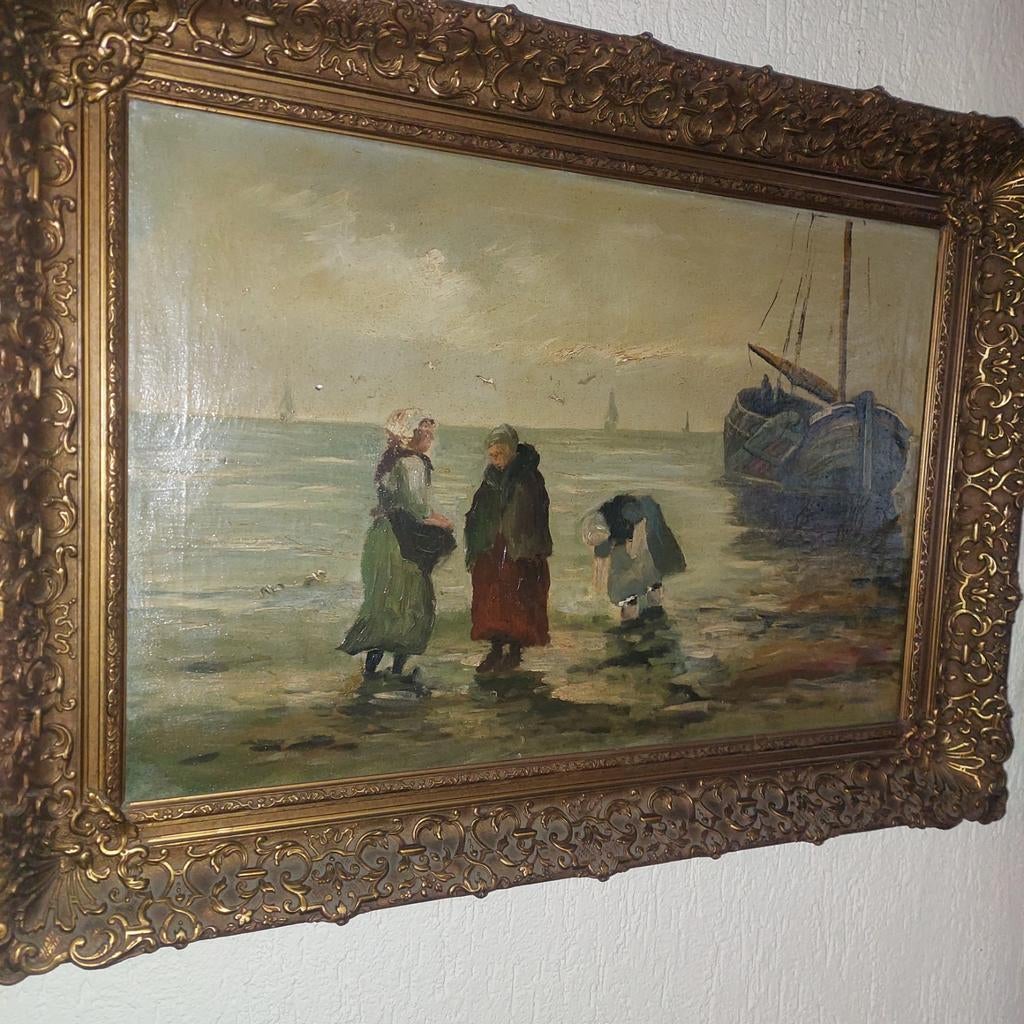 Olieverfschilderij Strandgezicht met Figuren, Ophalen