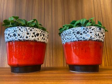 Vintage keramiek bloempotjes oranje/rood retro fat-lava beschikbaar voor biedingen