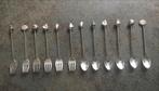 Set van 12 verzilverde lepeltjes en vorkjes met schelpmotief, Antiek en Kunst, Ophalen of Verzenden