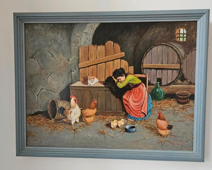 Schilderij van F. Borrelli - boerderij / boerenleven, Antiek en Kunst, Kunst | Schilderijen | Klassiek, Ophalen