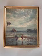 Vintage Indonesische aquarel van rijsveld, Antiek en Kunst, Verzenden