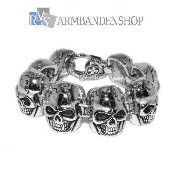 Rvs zilver staal bikers armband skull doodskop., Sieraden, Tassen en Uiterlijk, Armbanden, Nieuw, Staal, Zilver, Verzenden