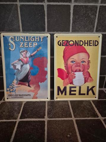 Vintage Reclamebordjes Sunlight Zeep & Gezondheid Melk beschikbaar voor biedingen