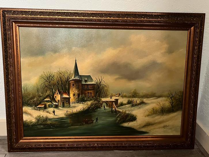 Olieverfschilderij op doek Winters Landschap R. Korst, Antiek en Kunst, Kunst | Schilderijen | Klassiek, Ophalen of Verzenden