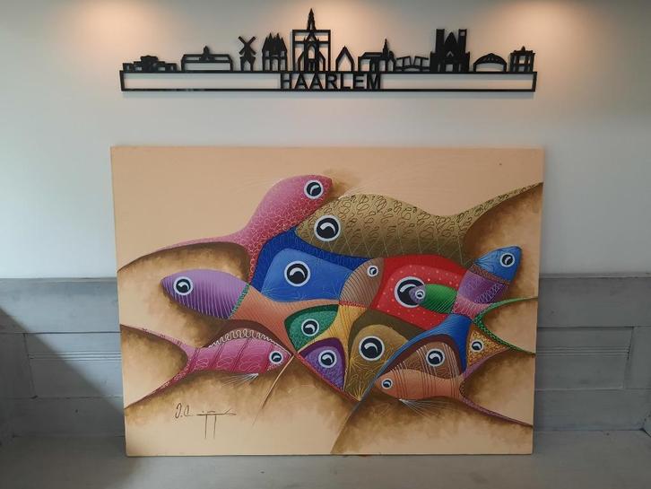 Kleurige vissen op canvas (101x76), Antiek en Kunst, Kunst | Schilderijen | Abstract, Ophalen