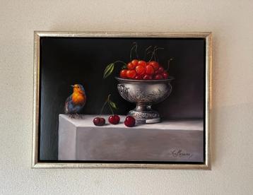 Schilderij Alfonso Moreno roodborstje en kersen op paneel. beschikbaar voor biedingen
