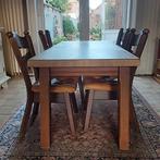 zwaar massief eiken tafel met zes eiken stoelen., Ophalen, Gebruikt, 200 cm of meer, 50 tot 100 cm