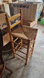 Vintage grenen barkruk met rieten zitting, Ophalen, Gebruikt, Met voetsteun, Hout