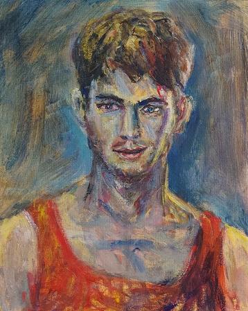 Mooi schilderij portret van een mysterieuze jonge man beschikbaar voor biedingen