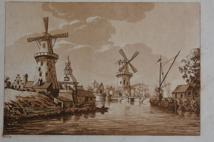 LEIDEN Mooie AQUATINT MOLENS Entrance to Leijden 1790 GU3, Antiek en Kunst, Kunst | Etsen en Gravures, Verzenden