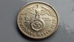 WO2 2 Reichsmark 1938D zilver nazi duitsland., Postzegels en Munten, Munten | Europa | Niet-Euromunten, Zilver, Duitsland, Ophalen of Verzenden