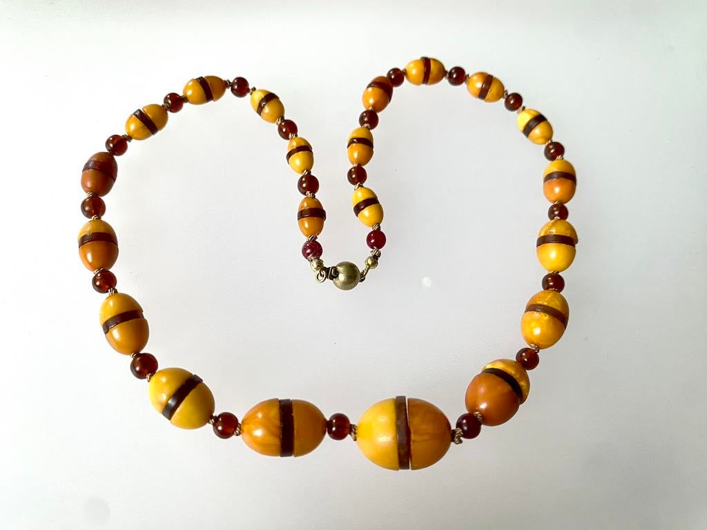 Ketting Art Deco goud butterscotch cherry amber, Sieraden, Tassen en Uiterlijk, Antieke sieraden, Ketting, Goud, Met edelsteen