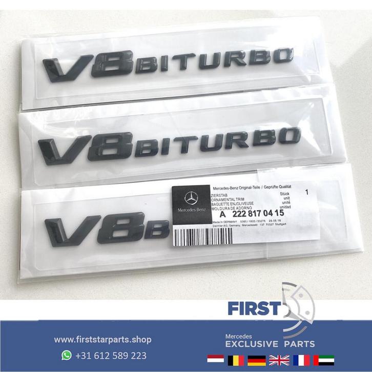 V8 BITURBO LOGO SET ZWART W205 W213 W253 W166 W167 W463 W190, Auto-onderdelen, Carrosserie en Plaatwerk, Mercedes-Benz, Voor, Gebruikt