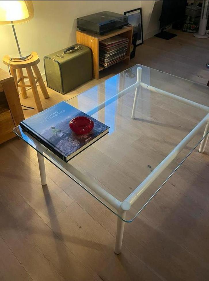 Glazen Salontafel met Houten Frame, Huis en Inrichting, Tafels | Salontafels, Gebruikt, Minder dan 50 cm, 50 tot 100 cm, Rechthoekig